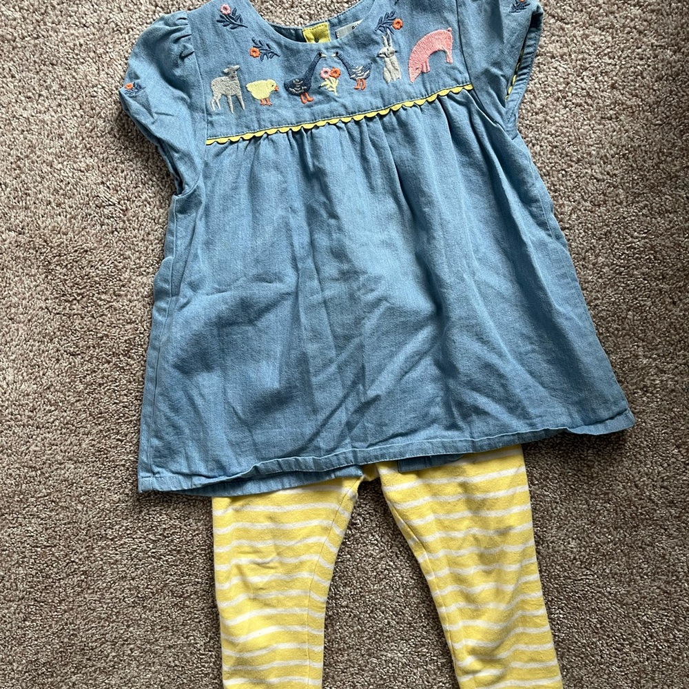 Baby Boden Farm Embroidered top with Yellow Striped Leggings